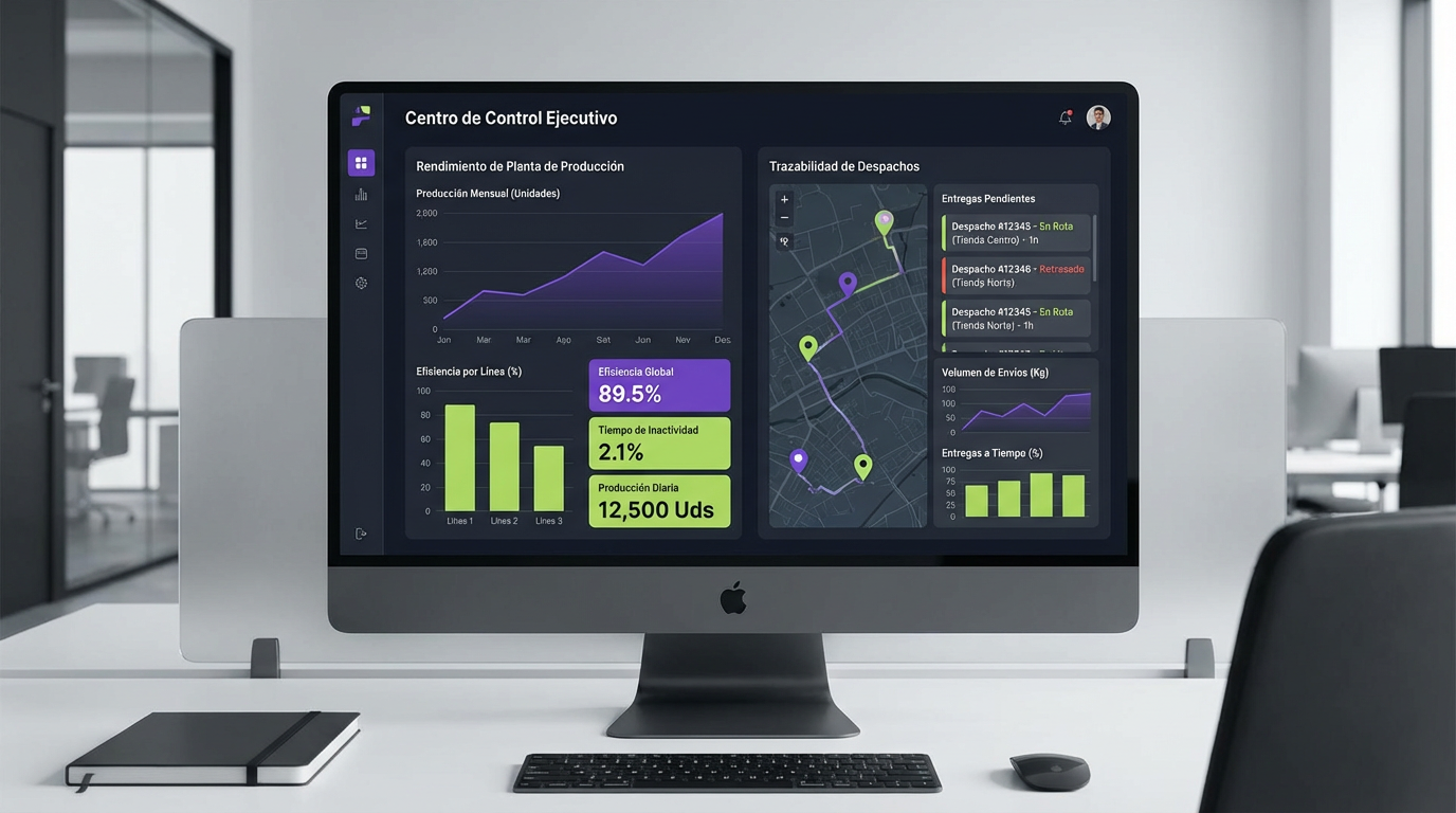 Mockup del tablero central Crosscheck con rendimiento de planta y trazabilidad