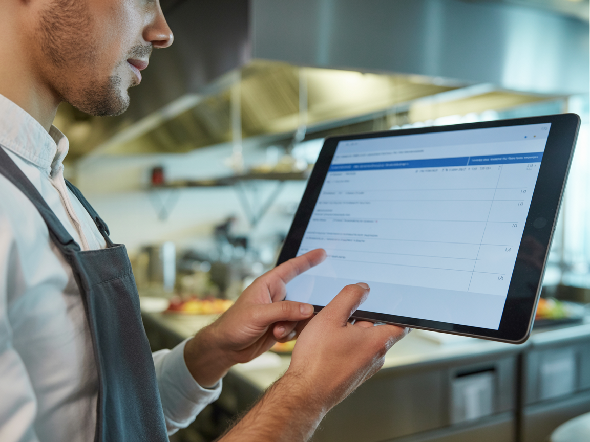 Operario reportando novedad digital con tablet en cocina profesional