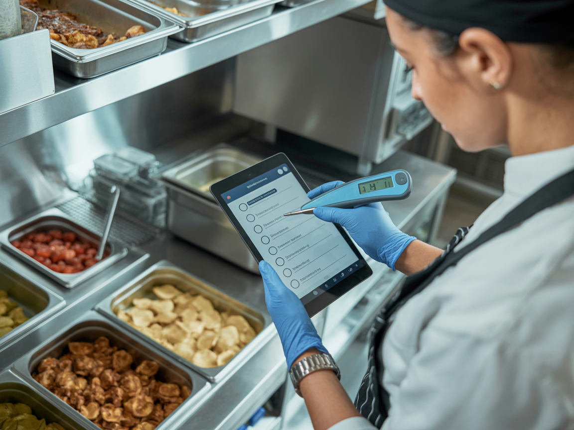 Cumplimiento de normas sanitarias digitales con tablet en cocina profesional